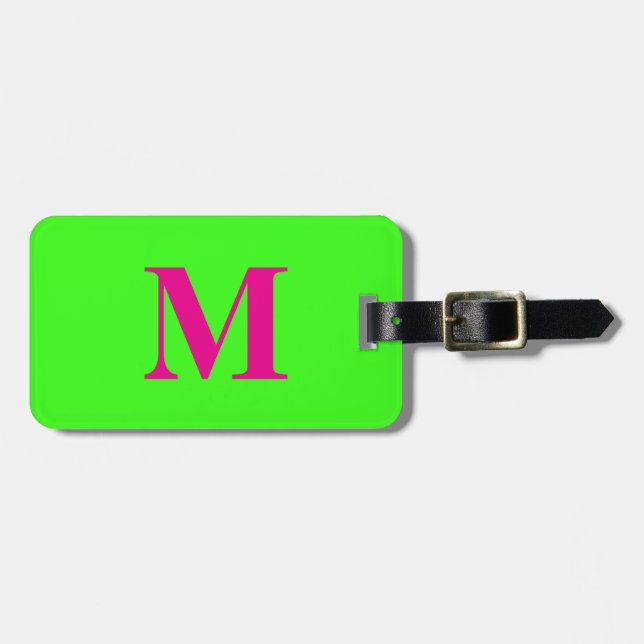 Étiquette À Bagage Chaud rose néon vert Monogramme Nom Cadeau Favor 2 (Devant horizontal)