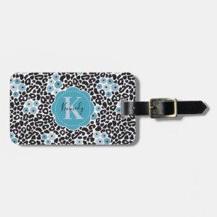 Étiquette À Bagage Cheetah Floral bleu Imprimer avec Monogramme perso