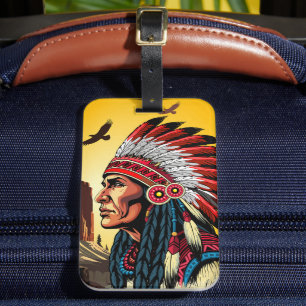 Étiquette À Bagage Chef amérindien sur paysage sauvage coucher de sol