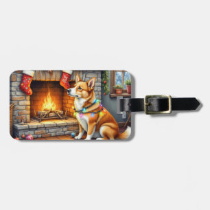 Étiquette À Bagage Cheminée du chien de Caroline avec des lumières de