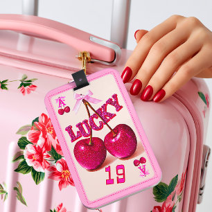 Étiquette À Bagage Cherry Lucky Glitter Rose Rétro Élégant