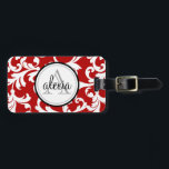 Étiquette À Bagage Cherry Red Monogramme Damask Imprimer<br><div class="desc">Cherry Red Monogramme Damask Imprimer</div>