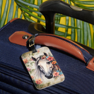 Étiquette À Bagage Cheval blanc dans les fleurs.