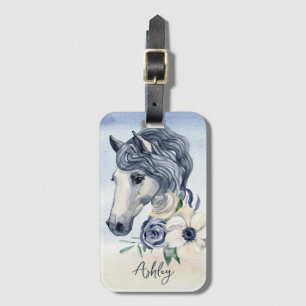 Étiquette À Bagage Cheval bleu gris avec fleurs nom personnalisé