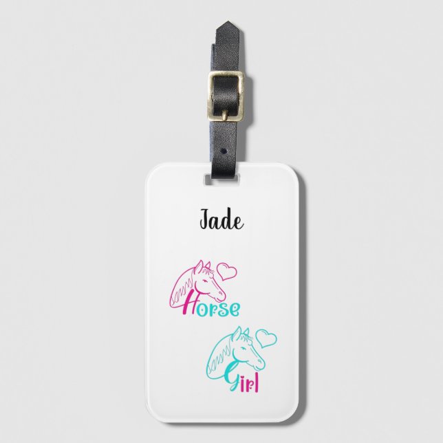 Étiquette À Bagage Cheval Girl en rose et turquoise (Devant Vertical)