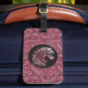 Étiquette À Bagage Cheval rose cowgirl floral à outils cuir