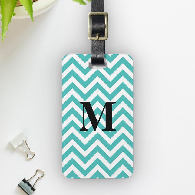 Étiquette À Bagage Chevron bleu avec Monogramme (Créateur téléchargé)