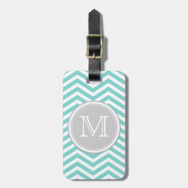 Étiquette À Bagage Chevron bleu et blanc turquoise avec le monogramme (Devant Vertical)