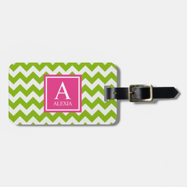 Étiquette À Bagage Chevron d'impression de monogramme rose et vert (Devant horizontal)