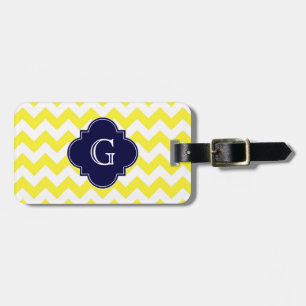 Étiquette À Bagage Chevron jaune blanc Monogramme quatrefeuilles bleu