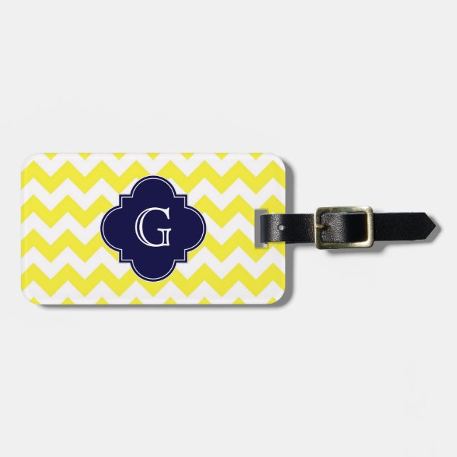 Étiquette À Bagage Chevron jaune blanc Monogramme quatrefeuilles bleu (Devant horizontal)