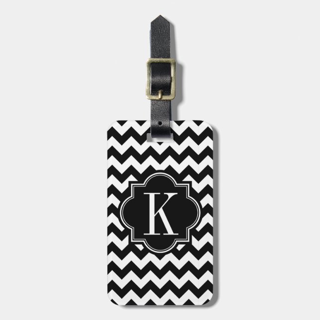 Étiquette À Bagage Chevron noir et blanc avec le monogramme noir (Devant Vertical)