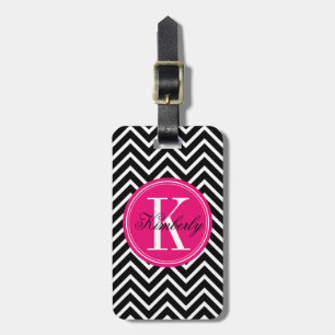Étiquette À Bagage Chevron noir et blanc avec le monogramme rose