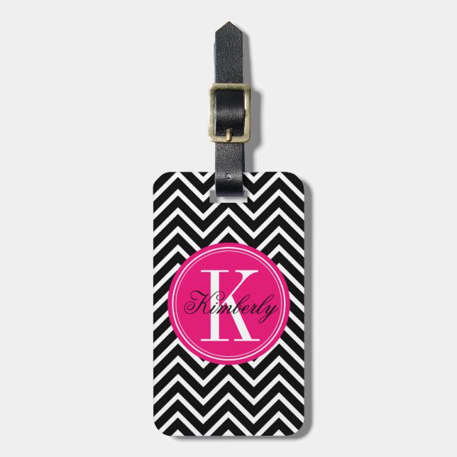 Étiquette À Bagage Chevron noir et blanc avec le monogramme rose (Devant Vertical)
