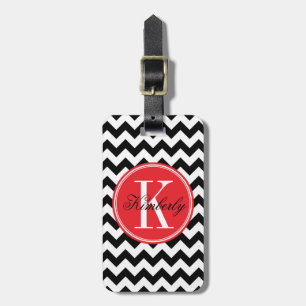 Étiquette À Bagage Chevron noir et blanc avec le monogramme rouge