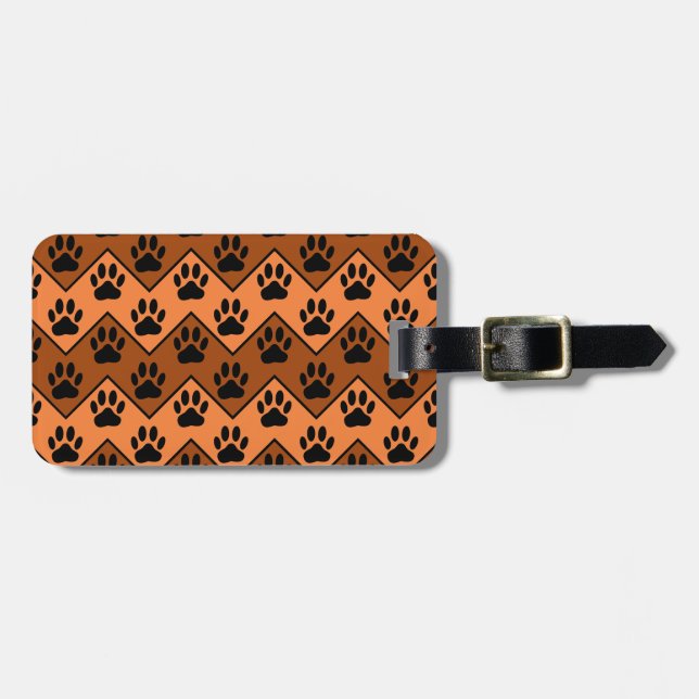 Étiquette À Bagage Chevron Orange Brown Avec Motif Paw Chien (Devant horizontal)