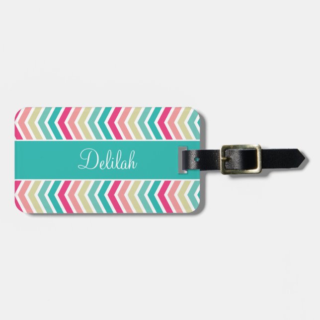 Étiquette À Bagage Chevron Turquoise Rose (Devant horizontal)
