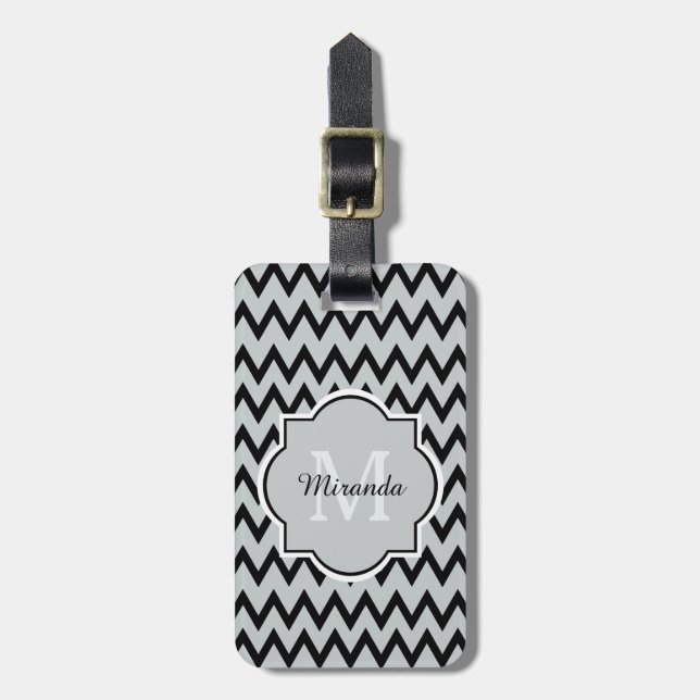 Étiquette À Bagage Chevron Zigzag Nom et Monogramme de Black Grey ten (Devant Vertical)