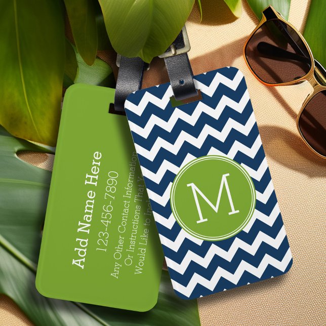 Étiquette À Bagage Chevrons bleu marine et vert citron Monogramme per (Personalized luggage tag - Add Your contact information and monogram)