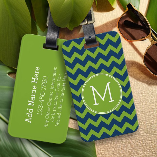 Étiquette À Bagage Chevrons bleu marine et vert citron Monogramme per (Custom Monogram Luggage Tag)