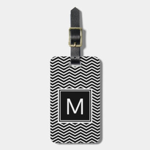 Étiquette À Bagage Chevrons modernes noir et blanc avec monogramme