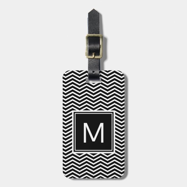 Étiquette À Bagage Chevrons noirs et blancs modernes avec Monogramme (Devant Vertical)