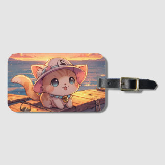 Étiquette À Bagage Chibi Chat Mignon au Coucher de Soleil du Port – F