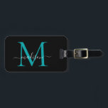 Étiquette À Bagage Chic Black Turquoise Vert Monogramme Nom du script<br><div class="desc">Élégant moderne élégant noir Turquoise vert Monogramme Nom du script Sac élégant Tag</div>