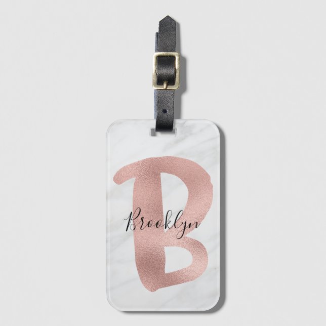 Étiquette À Bagage Chic Blanc & Gris Marbre Rose Or Monogramme Nom (Devant Vertical)