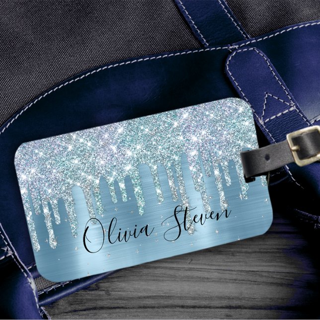 Étiquette À Bagage Chic bleu aqua goutte parties scintillant monogram (Créateur téléchargé)