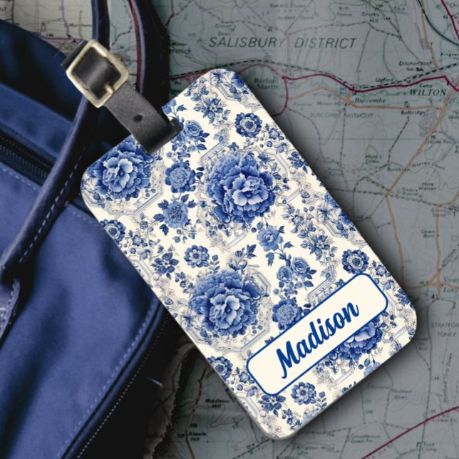 Étiquette À Bagage Chic Bleu blanc à fleurs chinoiserie toile monogra (Créateur téléchargé)