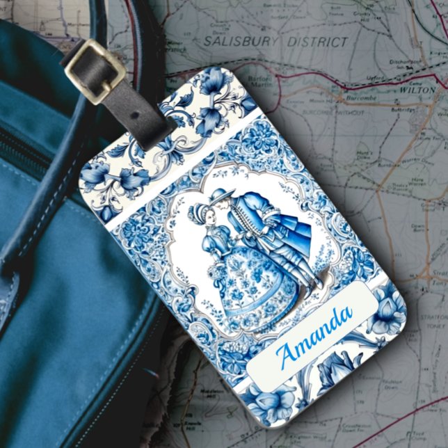 Étiquette À Bagage Chic Bleu cadre blanc toile de jouy monogramme (Créateur téléchargé)