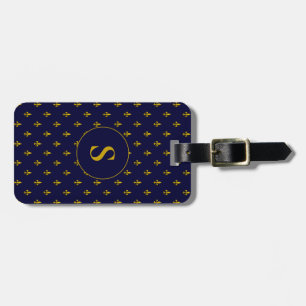 Étiquette À Bagage Chic Bleu et or Fleur de Lis Motif Monogramme