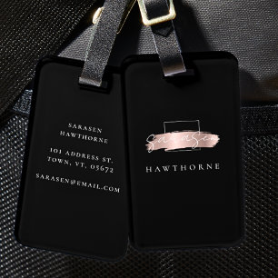 Étiquette À Bagage Chic Brush Stroke Black Faux Rose Gold Monogramme