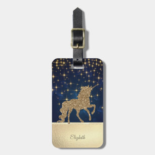 Étiquette À Bagage Chic Élégant Paillettes Dorées Licorne Étoiles Ble