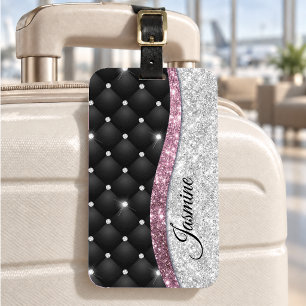 Étiquette À Bagage Chic et girly faux paillettes argent noir rose mon