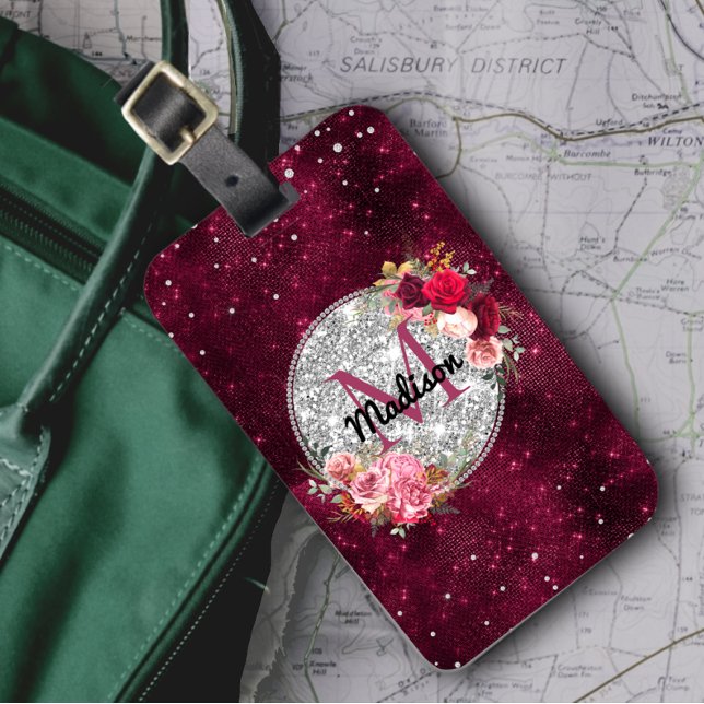 Étiquette À Bagage Chic faux argent Parties scintillant Bourgogne Flo (Créateur téléchargé)