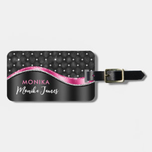 Étiquette À Bagage Chic Faux en métal brossé Noir Fuchsia Monogramme