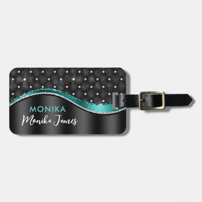 Étiquette À Bagage Chic Faux Métal Brossé Noir Sarcelle Monogramme (Devant horizontal)
