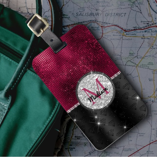Étiquette À Bagage Chic faux Parties scintillant argent Bourgogne noi (Créateur téléchargé)