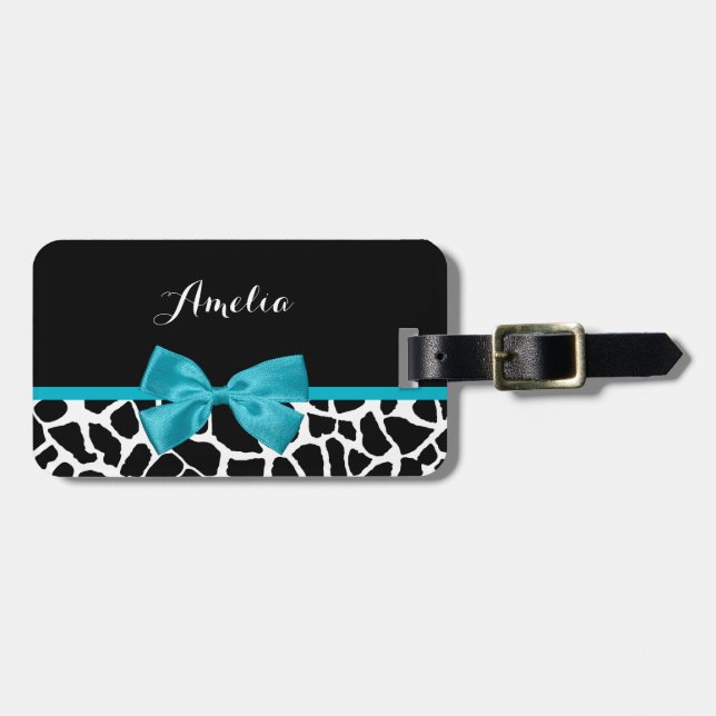 Étiquette À Bagage Chic Giraffe Imprimer Aqua Blue Ribbon Bow Nom (Devant horizontal)