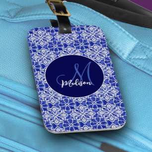 Étiquette À Bagage Chic Girly Bleu Gris Élégant Monogramme Initial