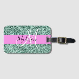 Étiquette À Bagage Chic Glam Rose Vert Paillettes Étincelle Monogramm