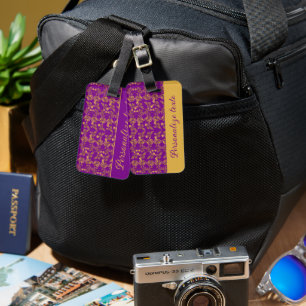 Étiquette À Bagage Chic Golden Flowers violet motif personnalisé