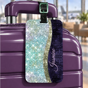 Étiquette À Bagage Chic iridescent violet bleu faux paillettes monogr
