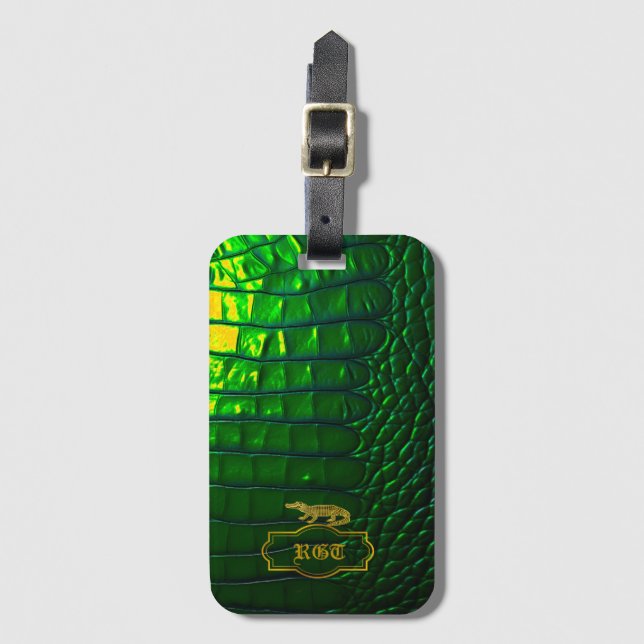 Étiquette À Bagage Chic Iridescente Vert Faux Crocodile Monogramme (Devant Vertical)
