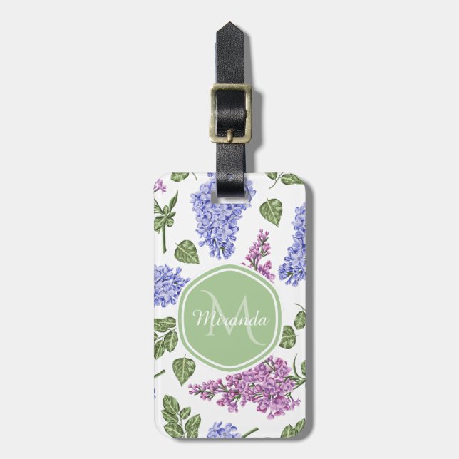 Étiquette À Bagage Chic Lavender Lilac Floral Pastel Monogramme vert (Devant Vertical)