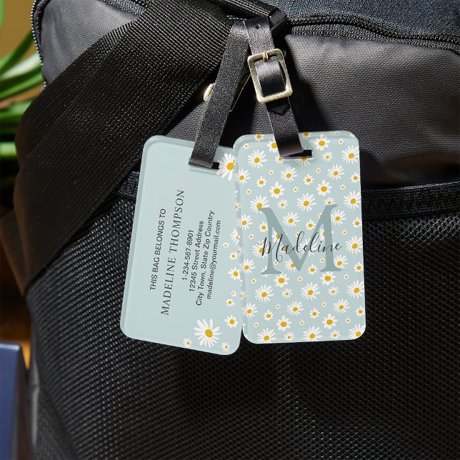 Étiquette À Bagage Chic Minimal Daisy Teal Script Monogram (Créateur téléchargé)