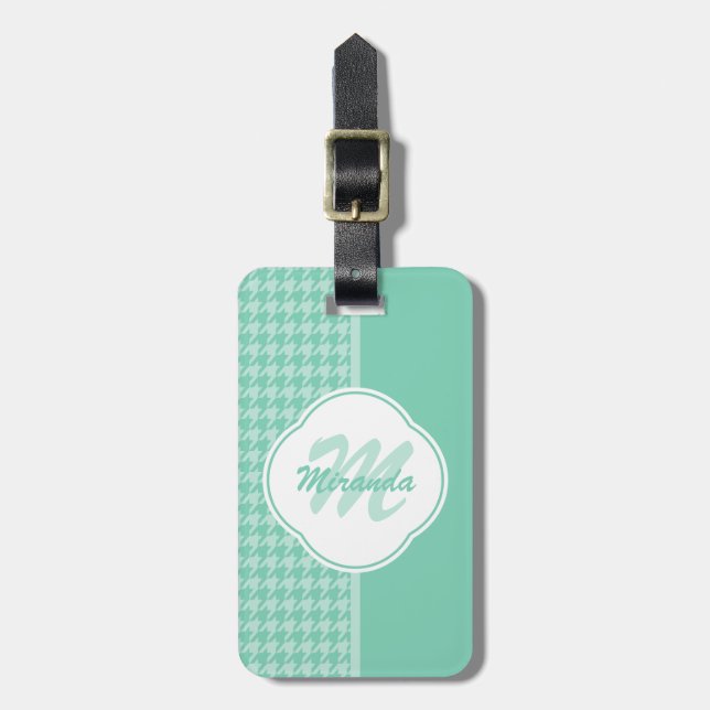 Étiquette À Bagage Chic Mint Green Houndstooth avec Monogramme et nom (Devant Vertical)