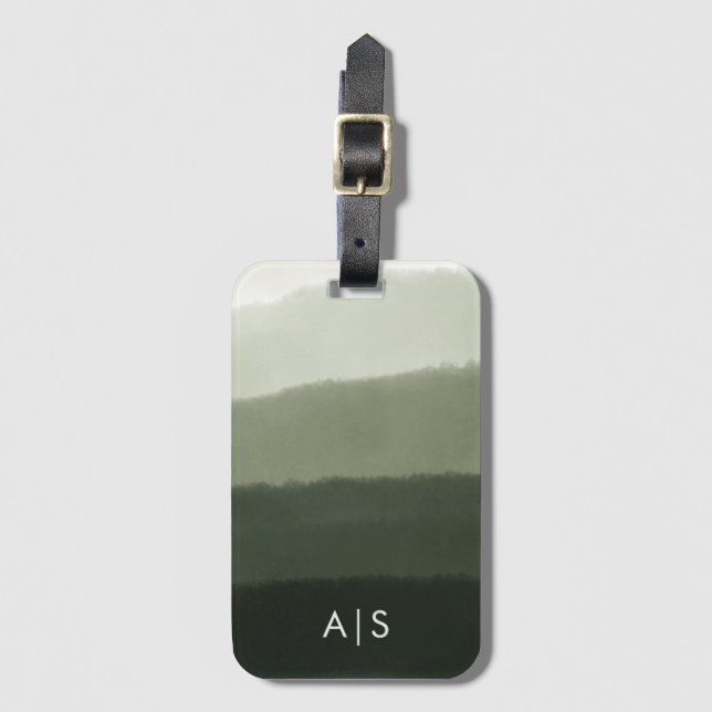 Étiquette À Bagage Chic Monogrammé Aquarelle Jungle Vert Ombre (Devant Vertical)
